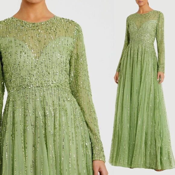 Mac Duggal 5636 Womens Size 12 Green Sequined High Neck Long Sleeve Gown Dress - Picture 1 of 5